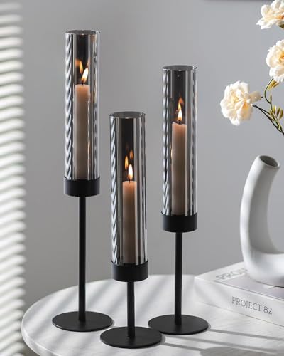 Romadedi Kerzenhalter Stabkerze Mit Glaszylinder Schwarz: 3er Set Kerzenständer Rauchglas für Stabkerzen Tischdeko Wohnzimmer Deko Stabkerzenhalter Glas Metall für Outdoor Weihnachten Esstisch Deko