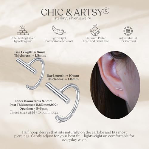 Image of CHIC & ARTSY 925 Sterling Silver Half Hoop Earrings for Women, Small Huggie Hoops Set with Ball Bar Star Moon Cross & Pearl, Lightweight Comfort Fit Everyday & Sleep Earrings