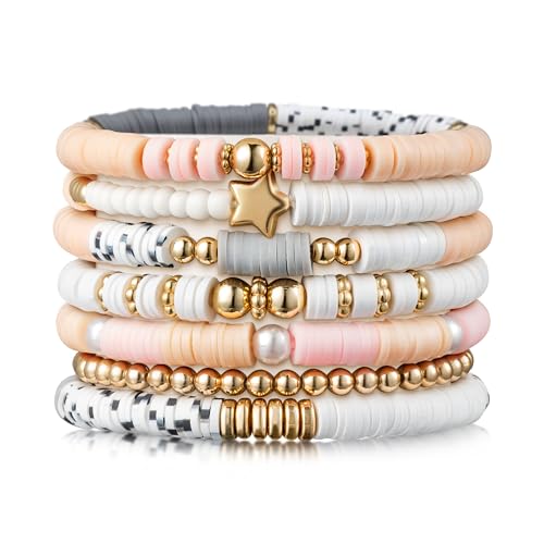 Y1tvei 7Pcs Christmas Pink Surfer Heishi Clay Bead Bracelet Set Boho Stackable Gray White Polymer Clay Beaded Layering Stretch Bracelet Gold Jewelry Summer Beach Friendship Bracelet for Women