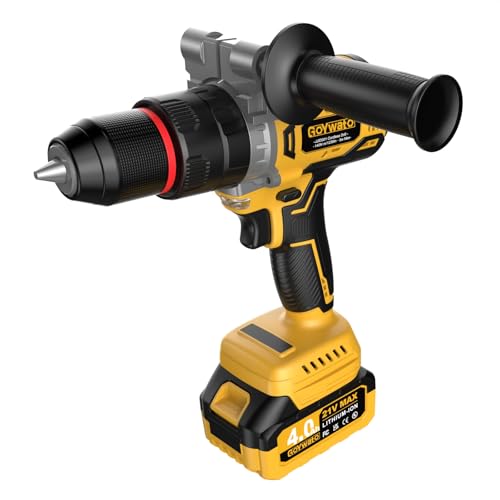 GoYwato Cordless Hammer Drill - Power Impact Drill Set w/ 2 x 4.0Ah Battery & 1/2' Self-Locking Metal Chuck for Drilling Wood Bricks Metal Concrete