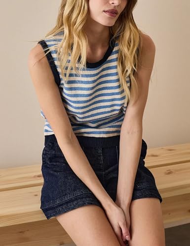 Image of Hongsui Women's Striped Color Block Sweater Vest Ribbed Knit Tank Tops Oversized Crewneck Pullover