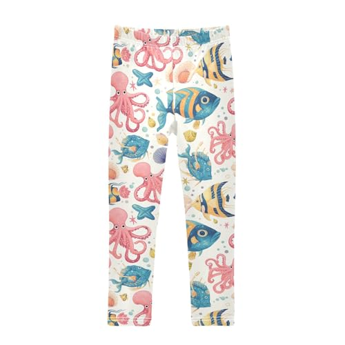 Wusikd Octopuses Girls' Leggings Toddler Doodles Colorful Fish Seashells Kids Yoga Pants Dance Active Tights 4T