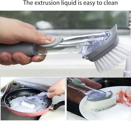 Image of UCRAVO Dish Cleaning Brush Washing Up with Detergent Dispenser Non-Stick Oil Kitchen Cleaning Brush, Long Handle Dishwashing Automatic Sponge Cleaner Multifunctional Household Cleaning Tools