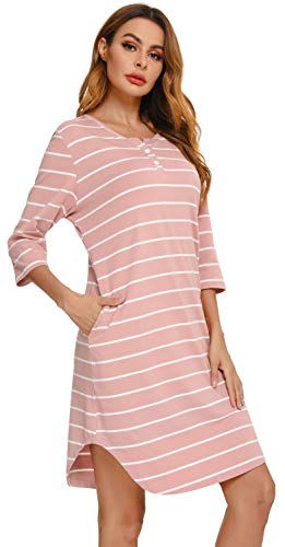 Vlazom Women's Nightgowns Soft Cotton Stripe Nightdress Short Sleeve Night Shirt Sleepwear with Pockets S-XXL3