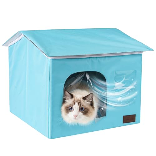 PatiencET Cat Cooling House for 1 Cat Indoor Cooling Cat House for Summer Blue Cat Hideaway Bed with Side Ice Packs Insulated Foil Lining