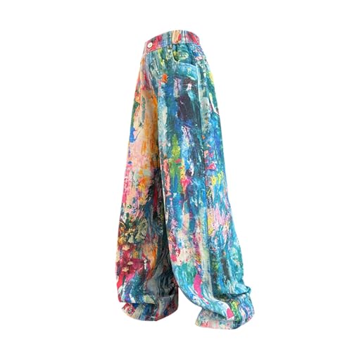 Girl's Baggy Jeans Tie Dye Casual Straight Leg Pants Elastic Waist Jeans Wide Leg Denim Pants with Pocket