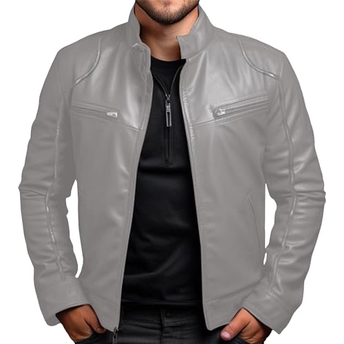 Blouson moto homme similicuir gris XXL veste zippée printemps automne