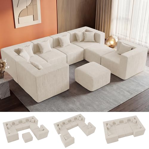 Image of MONVANE Modular Sectional Sofa, Oversized 8 Seat Convertible U Shaped Couch with Ottoman, Comfy Chenille Cloud Couch with Deep Seat, Sectional Couches for Living Room, No Assembly Required, Beige