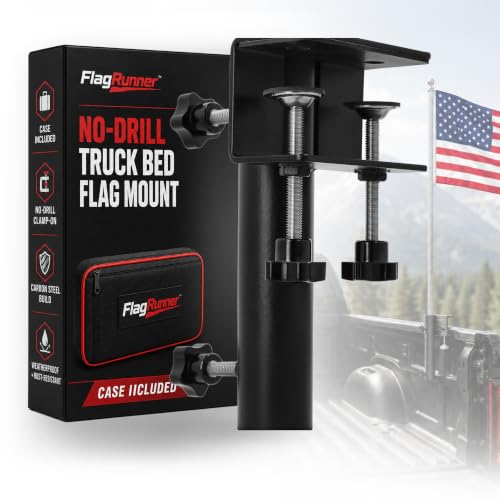 Truck Bed Flag Pole Mount - No Drill Carbon Steel Truck Flag Mount with Weatherproof Case Tool-Free Clamp-On Flag Pole Holder for Pickup Trucks Fits Poles up to Approx. 1.38