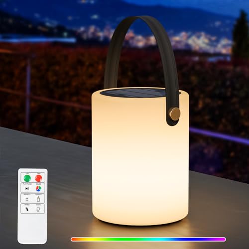 RWWR Lampe de Table Solaire LED 8 Couleurs Lampe de Table Exterieur sans fil avec remote Dimmable 2 in1 Rechargeable Lampe de Table Pile IP44 Pour Balcon...