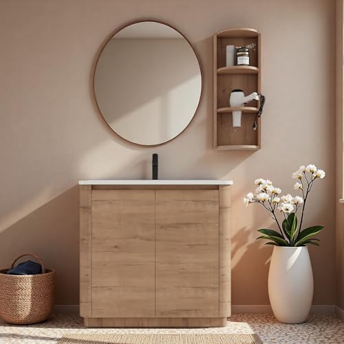 Image of 36 inch Bathroom Vanity with Ceramic Sink, Freestanding Bathroom Vanity with 2-Soft-Close Door, Semicircle Storage Rack & Inside Adjustable Shelves for Home, Farmhouse Floor Mount Vanity, Oak