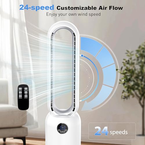 Image of 36 inch Bladeless Tower Fan for Bedroom, Powerful 26ft /s Airflow, 24 Speeds, 90 Oscillation, 12H Timer, Standing Fans with Remote, Quiet Bladeless Cooling Fan for Home Office Room, White Silver