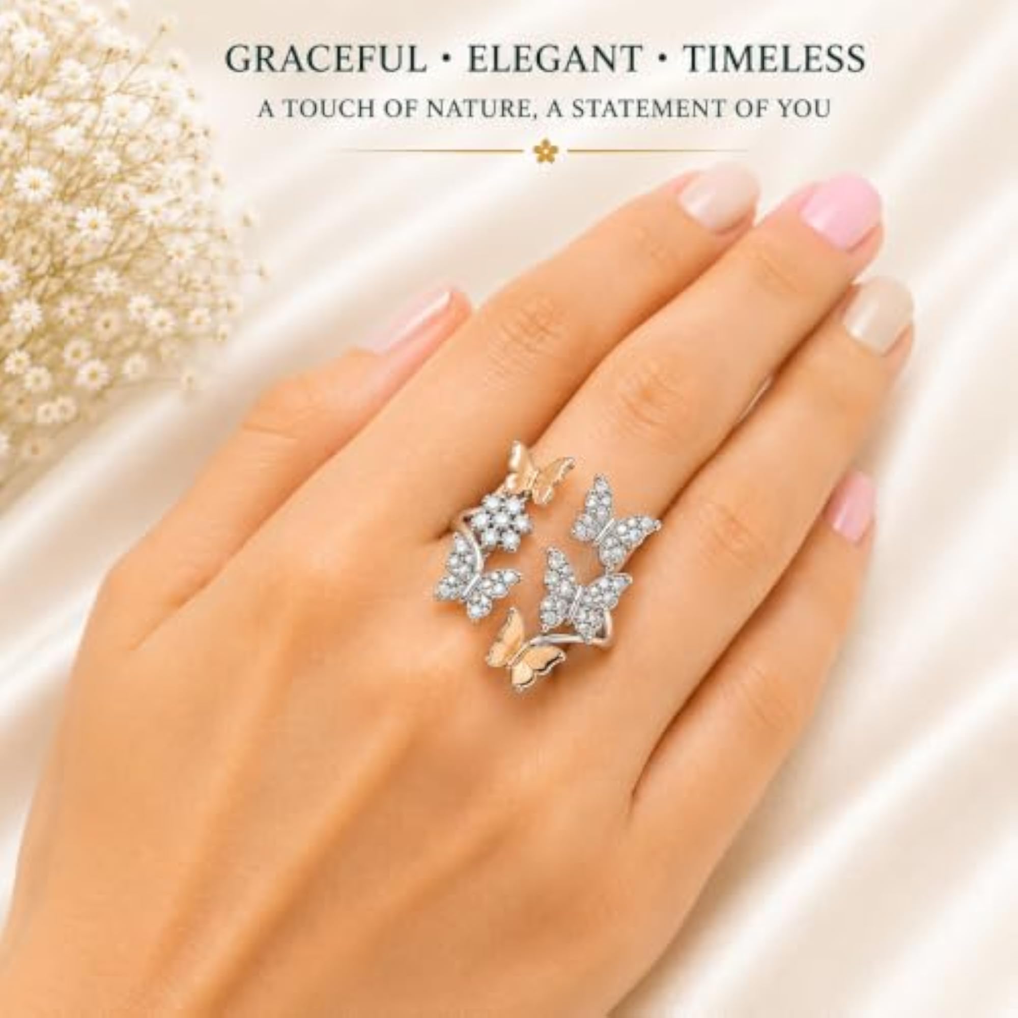 Women's 925 Sterling Silver Adjustable Butterfly & Floral Ring