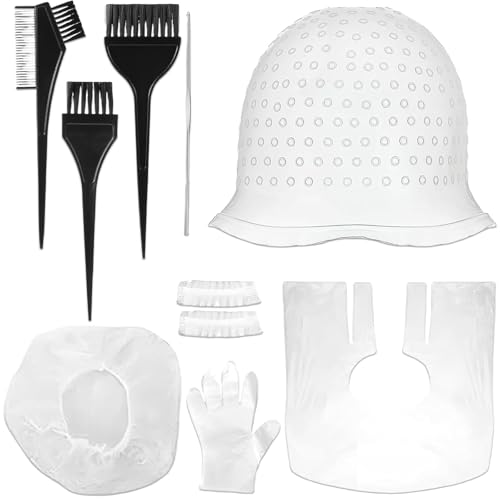 Juego de 9 mechones, gorro para mechones, juego de mechones, gorro para el cabello, accesorios para teñir el cabello con gancho para el pelo, pincel para colorear, guantes para mujeres y niñas
