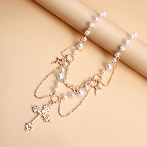 Gothic Layered Pearl Big Cross Choker Necklaces for Women Gothic Cross Pearls Necklace Vintage Chunky Zirconia Tassels Necklaces Y2K Jewelry Goth Accessories4