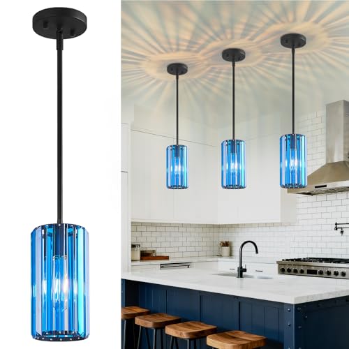 Image of Modern Crystal Pendant Light Mini Dark Blue Chandeliers Adjustable Pendant Lights Fixture for Kitchen Island Dinning Room Corridor Bedroom(Dark Blue 3-Pack