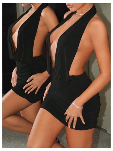SweatyRocks Women's Backless Halter Dress Low Cut Sleeveless Bodycon Mini Dresses Rave Clubwear3