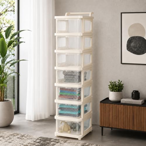 Image of URBAN LUXY Plastic Storage Drawer Organizer with Wheels | Multi-Purpose Chest of Drawers for Home, Office & Bedroom | Clothes, Toys & Stationery Organizer (Ivory & Brown, 7 Layer)