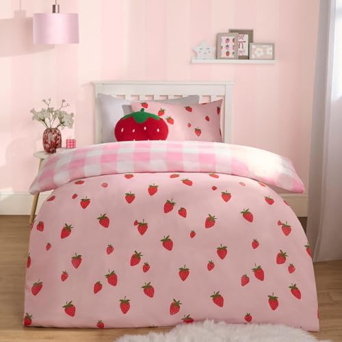 OHS Girls Single Duver Cover Set Strawberry Print Kids Single Bedding Covers Bed Set with Pillowcases Super Soft Microfibre Gingham Check Luxury Decorative Pink