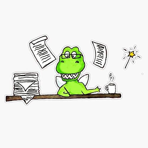 Writer - Fairy Dinosaur T-Rex at Desk with Papers Coffee Wand Funny Office Humor Green Cartoon Character 5" Magnetic Bumper Sticker image 4
