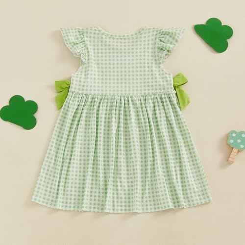Little Girls St Patricks Day Outfit Shamrock Clover Embroidery Flutter Sleeve Smocked Dress Green Plaid Bows A-Line Dress2