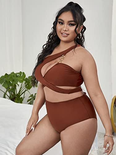 Romwe Women's Plus Size Criss Cross One Shoulder High Waist Bathing Suit Bikini Swimsuit Brown 3Xl #TOP3