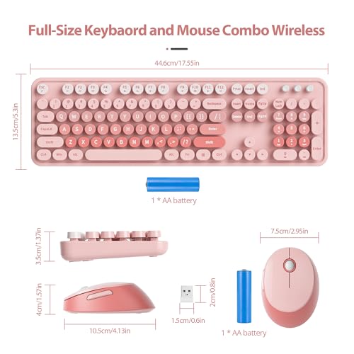 Image of Fogruaden Pink Retro Typewriter Keyboard and Mouse Wireless, 2.4GHz Office Full-Sized Colorful Computer Keyboard with Number Pad and Cute Mouse for Windows PC Desktops Laptop