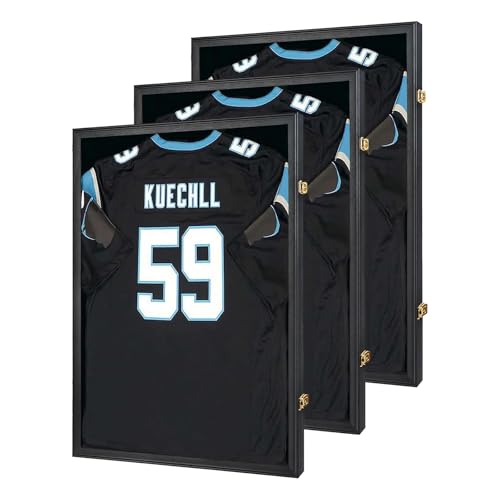 IHEIPYE Jersey Frame Display Case Shadow Box 3 Pack - Lockable with UV Protection Acrylic and Hanger for Baseball Basketball Football Soccer Hockey 2XL Sport Shirt and Uniform - Black