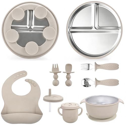 Silicone Baby Feeding Set，Baby Bowls with Suction,Toddler Tableware Set,3 Compartment Stainless Steel Silicone Bowl & Utensils (Beige)
