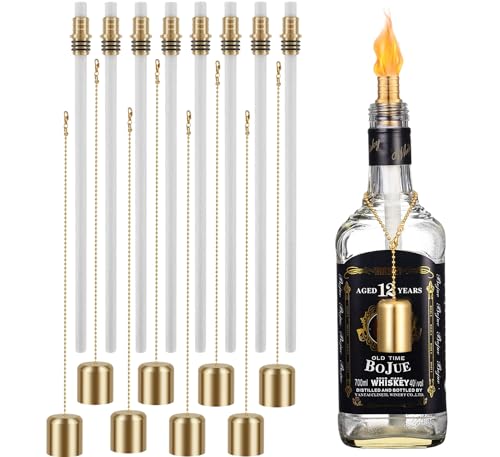 lvifloae 8 Pcs Long Life Wine Bottle Lamp Tiki Torch Kit Include Tiki Torch Wick Bottle Lamp Kit with Tiki Torch Wicks Fiberglass Replacement and 8 Caps for DIY Homemade Torch Decor Brass