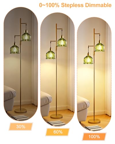 Image of Lightdot 2- Light Gold Flower Floor Lamp, 65IN Green Glass Floor Lamps with 3000K Warm White Bulbs, Modern Standing Tall Lamp with 5Lbs Heavy Base for Living Room Bedroom Home Office Sofa Beside