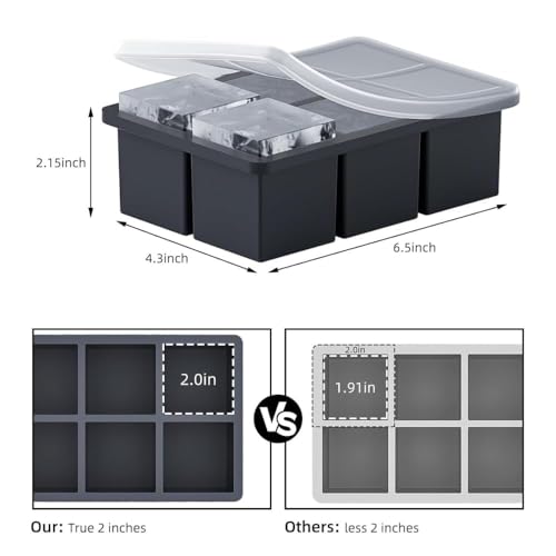 Image of Ice Cube Molds with Lid,Big Silicone Ice Cube Tray for Whiskey,2Inch Square Ice Cube Tray,Easy-Release Ice Mold,Giant Ice Cubes for Bourbon Cocktail (2, Black)