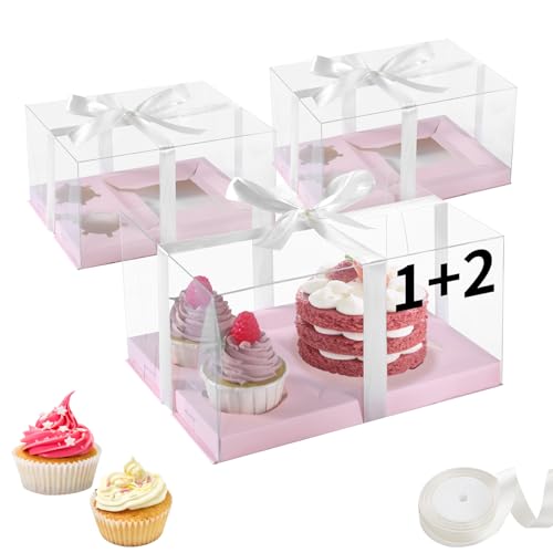 3Pcs Pink Bento Cake Cupcake Combo Boxes Valentine's Day 1+2 Bento Box with Clear Lid 2 Holes Pastry Sweets Cake Cupcake Combo Box Baking Supplies for Valentine Wedding Birthday Party(Pink 1+2/3Pcs)