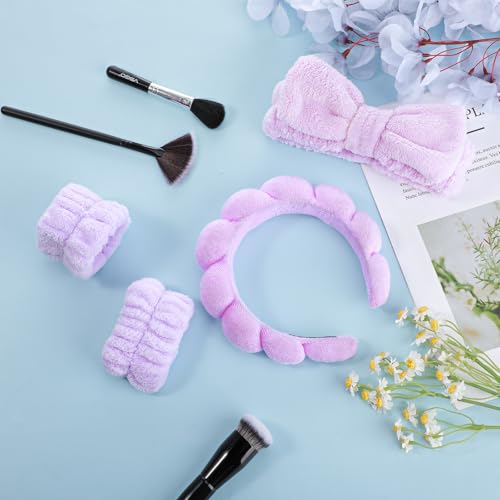 YUXIANLB Spa Headband for Washing Face Skincare Headbands for Women Makeup Terry Cloth Towel Hairband for Skincare Sponge Puffy Make Up Hair Band for Women Face Washing Wristband Set (Purple) - Image 4