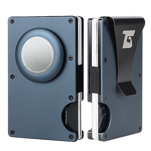 Mens metal wallet wallet with Airtag holder RFID Blocking Minimalist wallet (Blue W/Strap)