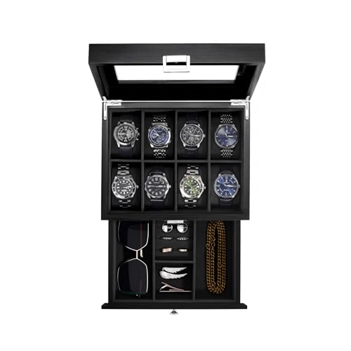 ProCase Wooden Watch Case, 8 Slot Mens Watch Box with Drawer, 2-Layer Mens Jewelry Box Storage Holder Organizer Display Case, Anniversary Birthday Gifts for Men Women -8 Slot, Black