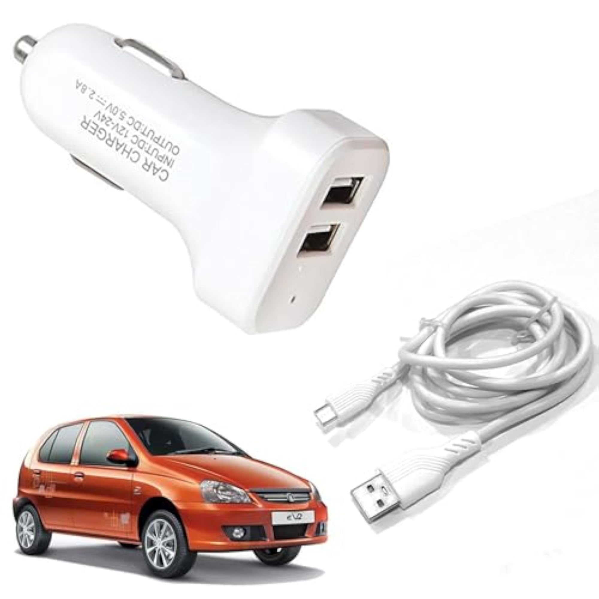 2-Ports Fast Car Charger with White Micro Cable, Compatible with Indica EV2