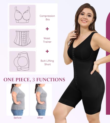 Image of M MYODRESS Fajas Colombianas Plus Size Postpartum Full Body Shaper with bra | 52%Nylon 48%Spandex, 3 row hook Adjustable Compression, breast support and butt lifter, for postpartum post surgery daily