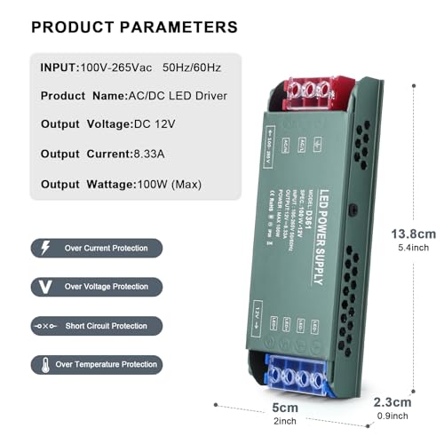 Image of QNNP LED Driver 100 Watts 12V Low Voltage Transformer Power Supply Transformer Adapter AC 100V -265V to 12V DC, LED Power Supply for Indoor Lighting