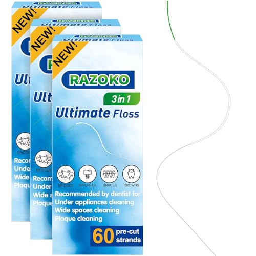 Hilo Dental Superfloss para Brackets   3 en 1 con Enhebrador, Parte Esponjosa y Hilo Regular, Hebras Precortadas, 180 Unidades (3 Packs de 60)