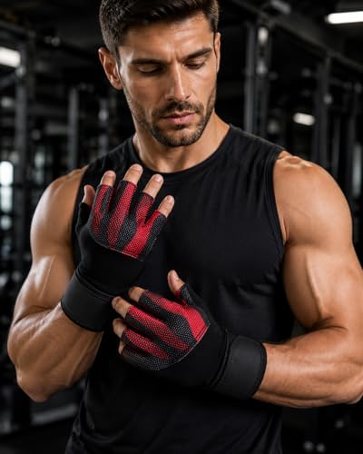 Image of GymWar Unisex Leather Gladiator Gym Gloves | for Professional Weightlifting, Fitness Training and Workout | with Half-Finger Length, Wrist Wrap for Protection (Red, XL)