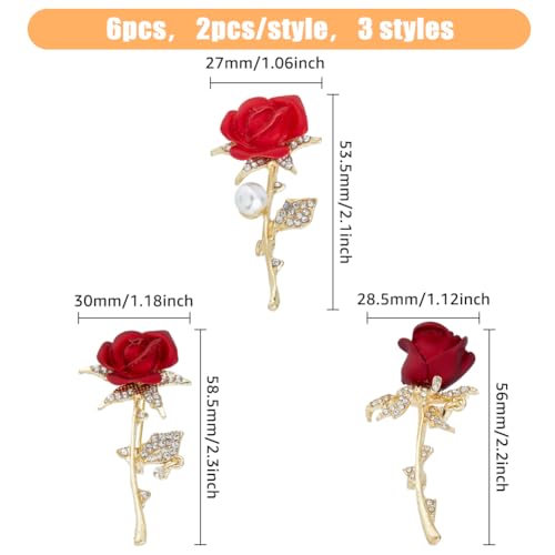 Image of 6Pcs 3 Styles Red Rhinestone Flower Brooch Crystal Pearl Badge Pin Alloy Rose Flower Weddings Brooch Pins Small for Women To Birthday Party Clothing Jewelry Accessories Gifts