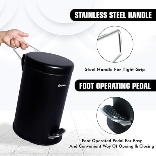 Image of mofna Stainless Steel Plain Dustbin with Pedal, Trash Can, Wastebasket, Garbage Bin for Home, Office, Bathroom, Bedroom, Toilet, Outdoor, Indoor and Kitchen, (7x10 In -5 Liter, Black), Pack of 1