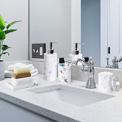 Haturi Bathroom Accessory Set, 4 Pcs Marble Look Bathroom Accessories Sets Complete with Soap Dispenser, Toothbrush Holder, Apothecary Jar, Tray, Home Apartment Modern Bathroom Decor Vanity Countertop - Thumbnail 4