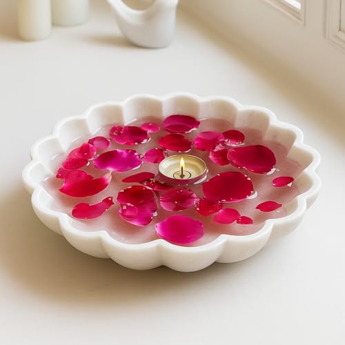 Image of Marble Urli Bowl for Decoration | Big Potpourri Decorative Bowls in Home decor | Large White Floating Flower Plates of Stone | Small Shape puja Item | (12 inch, Daisy Burst)