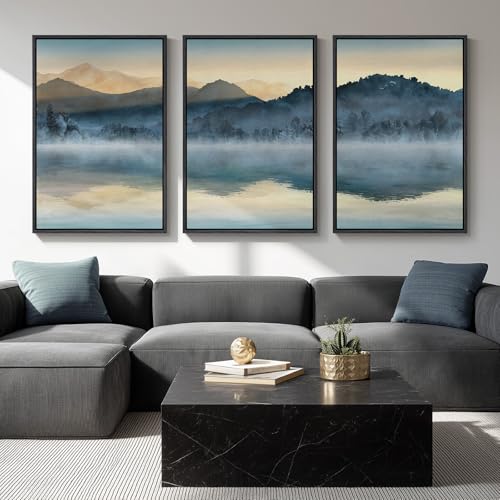 Framed Watercolor Mountain Wall Art for Living Room, Large Lake N...