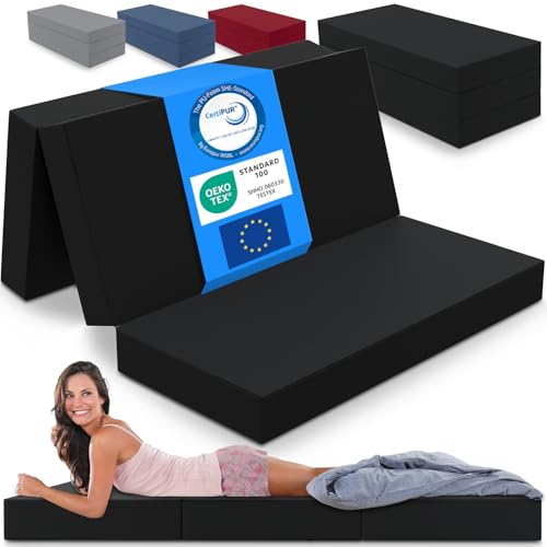 ELONEO Colchón Plegable, colchón para Invitados, colchón Plegable de 3 Piezas, Espuma Extra Gruesa (15 cm), Lavable, Plegable, Adultos (Negro, 120 x 195 x 15 cm)
