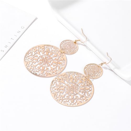 coadipress Boho Filigree Hollow Out Geometric Dangle Drop Earrings for Women Retro Double Round Disc Statement Metallic Cutout Metal Flower Large Earrings Ethnic Style Jewelry Gifts4