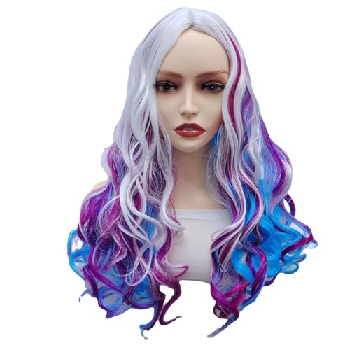 QHQ-SHININGLIFI Long Wavy Ombre Colorful Curly Wig - White Purple Blue Multi-Color Hair for Women,...