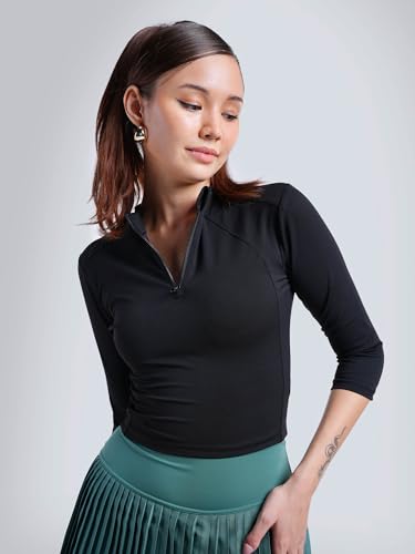 Image of CAVA Women's Silhouette Zip Top | Cropped Half-Zip Activewear with Flattering Seamlines, High Neck & 3 /4 Sleeves | ADPT Stretch Fabric for Gym, Yoga & Everyday Wear